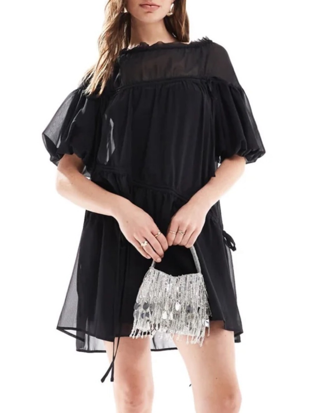 ASOS DESIGN NWOT Black Sheer Chiffon Puff Sleeve Mini Dress Slip Set Sz US 4